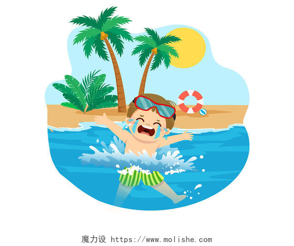夏季儿童游泳防溺水插画png元素防溺水元素
